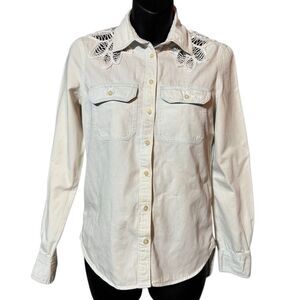 Aeropostale Pale Wash Blue White Crochet Crocheted Button Shirt Junior’s XS